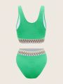 SHEIN Swim Vcay Women's Color Block Bikini Swimsuit Set With Mixed Stripe & Jacquard Stripe & Textured Panel
