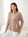 Plus Size Women'S Sports Jacket With Zipper Pockets, Thumb Holes And Long Sleeves