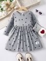 Young Girl Heart Print Letter Patched Detail Dress