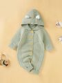 Baby Boy Cable Knit Raglan Sleeve 3D Ear Patched Hooded Button Front Knit Jumpsuit