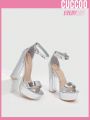 Cuccoo Everyday Collection Woman Shoes  Valentine Day Metallic Chunky Heeled Silver Ankle Strap Sandals