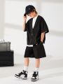 SHEIN Kids KDOMO Tween Boys' Casual Korean Style Loose Fit Long Sleeve Cardigan Jacket, Clean Color Shorts, Lapel Collar Short Sleeve Woven Shirt Set