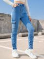 SHEIN Teen Girls  Blue Stretchy High Waist Solid Skinny Stacked Denim Pants,Flap Pocket Cargo Jeans,Casual & Trendy Pants For Spring Summer,Kid's Denim & Clothing