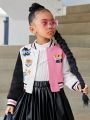 Young Girl's Fashionable Colorblock Splice Sports Jacket With Various Printed Patches For Autumn And Winter