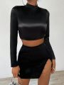 SHEIN BAE Backless Top & High Slit Skirt Set With Chain Detailing