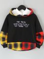 SHEIN Boys' Multicolor Plaid Hooded Sweatshirt With Letter Print