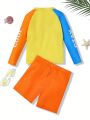 SHEIN Young Boy's Tight & Casual Spliced Colorblock Round Neck Two-Piece Swimwear