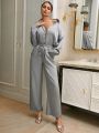 SHEIN Essnce Two-piece Set Of Grey Satin Long Sleeve Women's Clothes