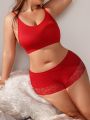 Plus Size Solid Color Wireless Bra And Lace Decoration Hipster Panties Underwear Set