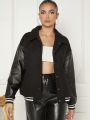 Luxe Striped Trim Drop Shoulder PU Leather Sleeve Jacket