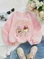 Toddler Girls' Casual Cartoon Letter Printed Fleece Lined Round Neck Sweatshirt, Perfect For Autumn And Winter