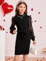 SHEIN Kids CHARMNG Girls' Knitted Solid Color Stand Collar With Woven Mesh & 3d Flowers Decor Slim Romantic Dress