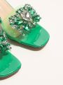 Gemstone Decor Clear Chunky Heeled Mule Sandals