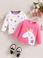 2pcs Baby Girls' Cute Unicorn & Star Pattern Long Sleeve T-Shirt Tops