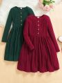 SHEIN Kids EVRYDAY Tween Girls' Knitted Solid Color Texture Round Neck Slim Fit Casual Dress, 2pcs/Set