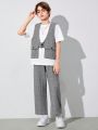 SHEIN Kids Academe 3pcs/Set Tween Boys' Loose Fit School Style Crew Neck Plain Short Sleeve T-Shirt, Plaid Vest And Long Pants