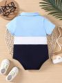 Stylish Casual Baby Boy Turn-Down Collar Colorblock Letter Print Bodysuit