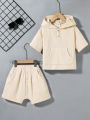 SHEIN Kids EVRYDAY Toddler Boys' Casual Comfortable Solid Color Half-Button Hooded Short Sleeve Shirt With Rolled Hem Shorts Outfits