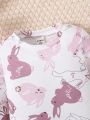 Baby Girls' Comfy Stretchy Bunny Pattern Thermal Underwear Set For Home