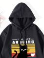 Men Cat And Slogan Graphic Drawstring Thermal Lined Hoodie