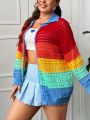 SHEIN Qutie Plus Color Block Drop Shoulder Pointelle Knit Cardigan
