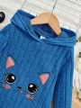 SHEIN Little Girls' Cartoon Embroidery Hooded Pullover Long Sleeve Casual Dress