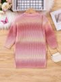 SHEIN Toddler Girls' Long Sleeve Round Neck Cartoon Pattern Knitted Sweater Dress With Ombre Effect