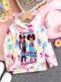 SHEIN Kids QTFun Young Girls' Cartoon Character & Letter Printed Hoodie With Ink Splatter Details
