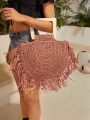 SHEIN VCAY Raw Hem Braided Ladies Khaki Woven Straw Tote Bag