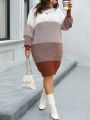 SHEIN Frenchy Plus Size Women'S Color Block Drop Shoulder Long Sleeve Sweater Dress