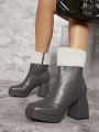 Fuzzy Cuff Block Heel Ankle Boots