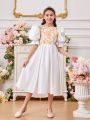 SHEIN Kids FANZEY Tween Girls' Round Neck Floral Patchwork Dress With Exaggerated Puff Sleeves