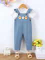 Baby Girl Casual Adorable Flower Decorated Denim Overalls