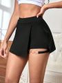 SHEIN Daily&Casual Solid Color Asymmetrical Hem Wrapped Mini Skort For Sports