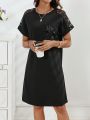 SHEIN LUNE Women's Black Beaded Patchwork Pocketed Dress