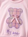 Young Girl Plaid & Letter Graphic Bow Front 2 In 1 Sweatshirt Dress