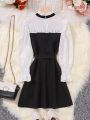 Tween Girl Two Tone Frill Trim Flounce Sleeve Bow Front Belted Dress