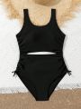 Teenage Girls' Hollow Out Waist Drawstring One-Piece Swimsuit