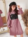 SHEIN Girls' Elegant Loose Fit Pu Spaghetti Straps & Corduroy Patchwork Shirt Dress