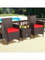 Gymax 3PCS Outdoor Rattan Conversation Set Patio Furniture Set w/ Red Cushions