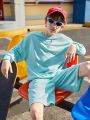 SHEIN Boys And Girls Casual Cartoon Print Pattern Round Neck Pullover Long-Sleeved Top Shorts Knitted Two-Piece Set