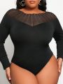 SHEIN Slayr Plus Size Women'S Rhinestone Decorated Mesh Splice Bodysuit
