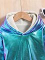 SHEIN Kids HYPEME Young Girl Holographic Drop Shoulder Hooded Teddy Lined Sweatshirt