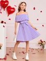SHEIN Kids CHARMNG Tween Girls' Solid Color Woven Off Shoulder Ruffle Dress With Removable Belt