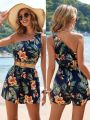 SHEIN VCAY One-Shoulder Vacation Tropical Printed Romper Without A Belt