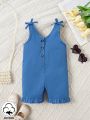 Baby Girls' Classic Blue Romper With Bow Detail For Spring And Summer, Elegant And Cute Everyday Casual Wear