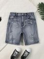 Tween Boy'S Faded Distressed Cat Whisker Spray Printed Jeans Shorts