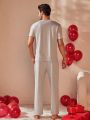 Men's Letter, Plaid & Heart Pattern Short Sleeve Top And Long Pants Homewear Set