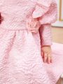 SHEIN Baby Girls' Gorgeous Bubble Long Sleeve Dress With 3d Flower Pattern