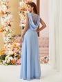 SHEIN Belle Adult Bridesmaid Dress With Lace Splice And Cowl Neckline, Full Swing Skirt